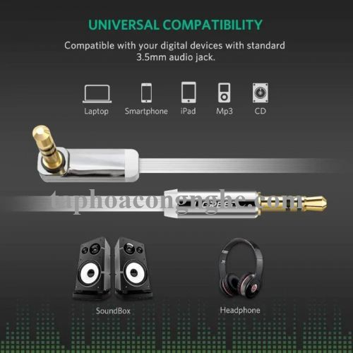 Ugreen 10760 3M Trắng Cáp âm thanh 2 đầu 3.5mm dương chữ L dây dẹt AV119 30010760